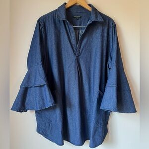 For Cynthia Woman V-Neck Blue Denim Tunic Top Layered Bell Sleeves Size 2X